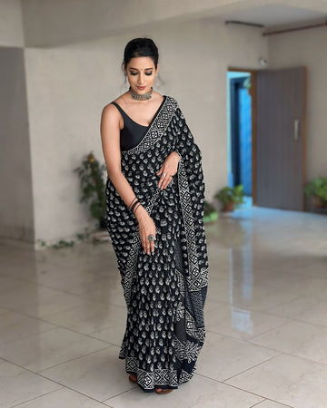 Soft Linen Black Color Ajrakh Block Print Ready To Wear Saree With Unstitched Blouse