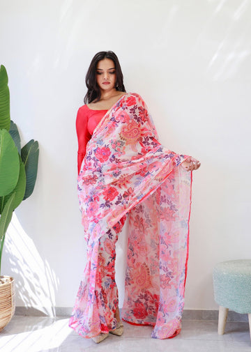 Light Pink And Multicolor Floral And Paisley Print Georgette Ready To Wear Saree With Unstitched Blouse