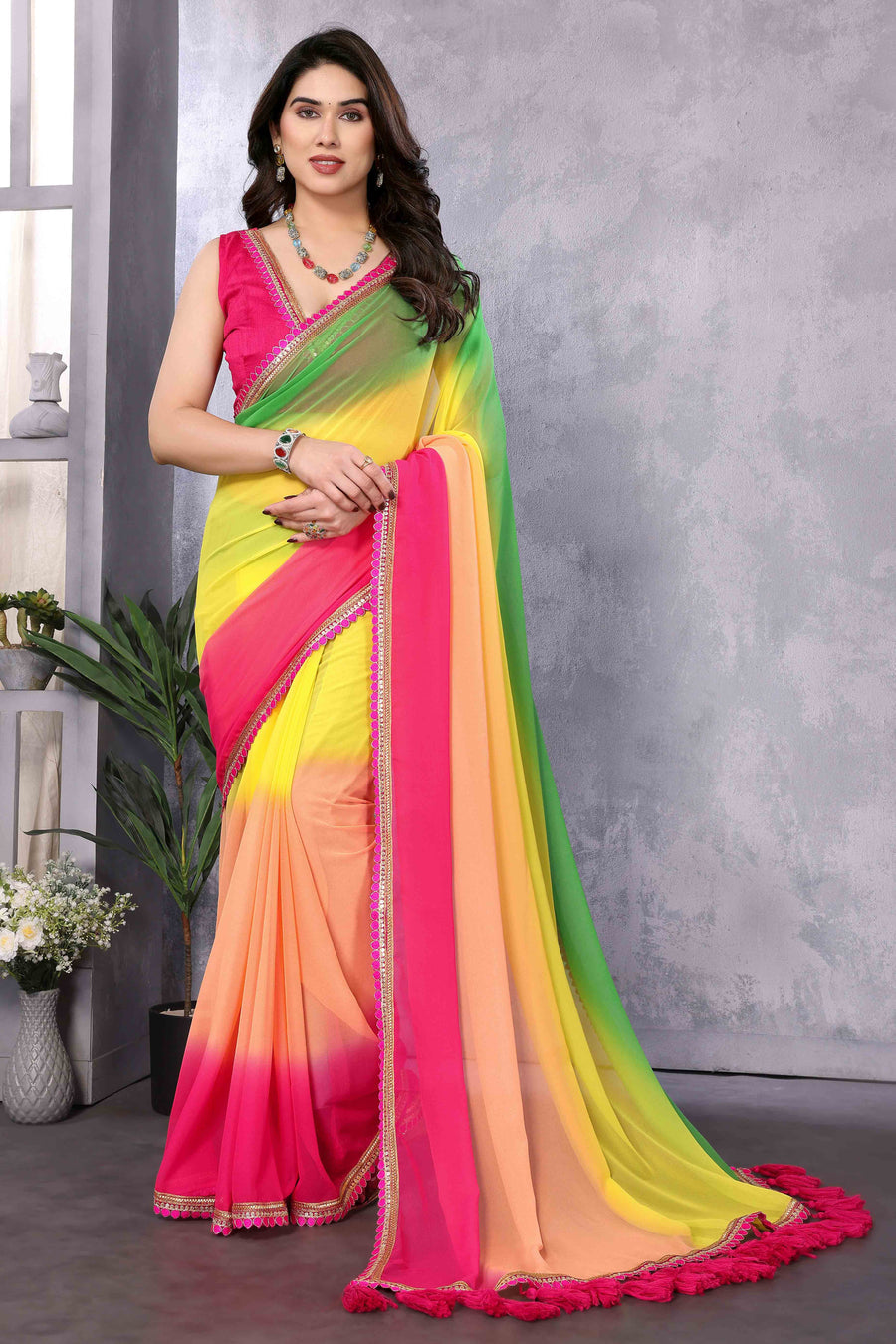 Multicolor Color Georgette Golden Lace Border Ready To Wear Saree With Unstitched Blouse