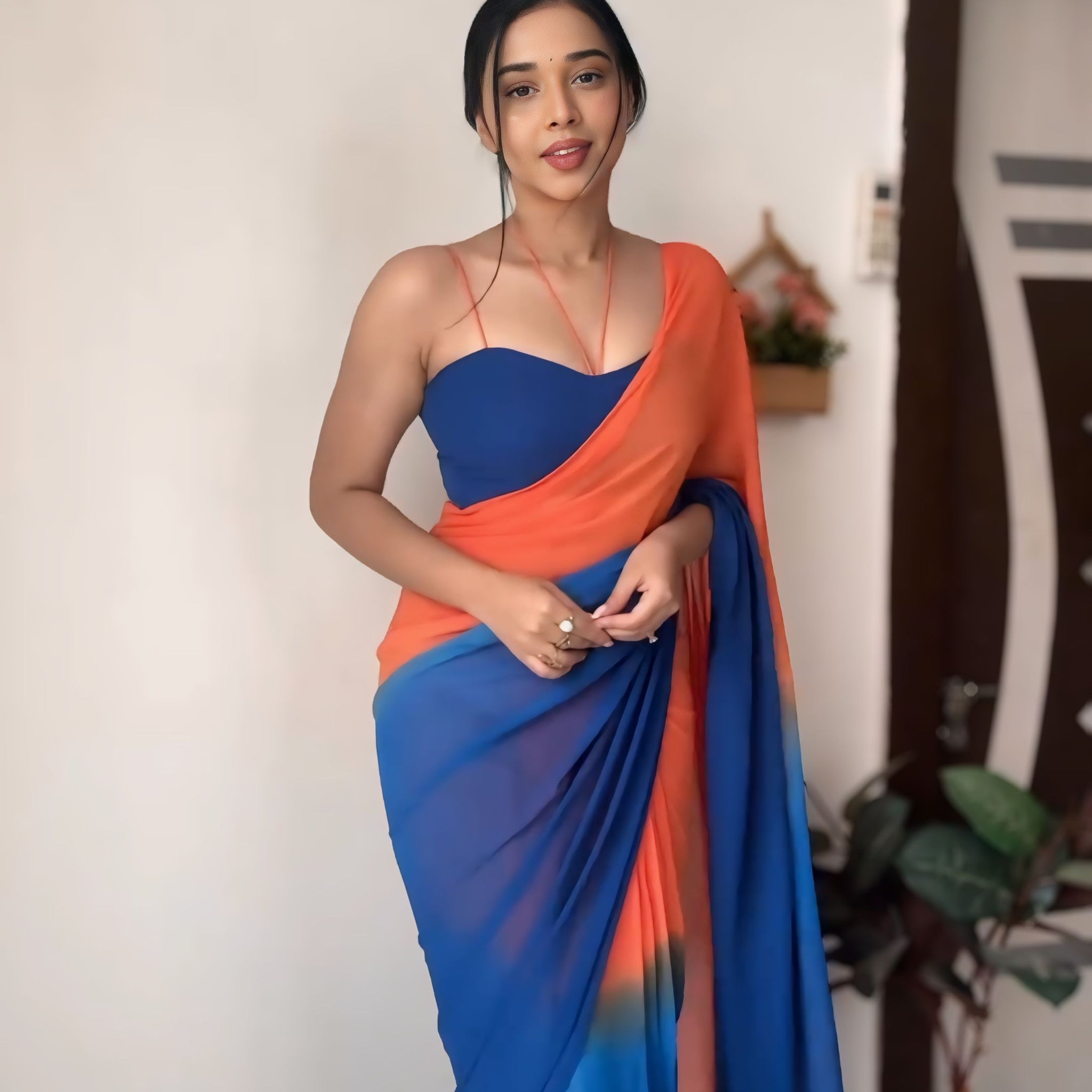 Orange and Blue Georgette ombre design Ready To Wear Saree With Unstitched Blouse