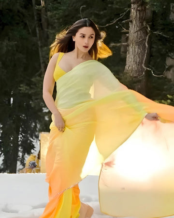 Lemon Yellow To Orange Ombre Shades Georgette Ready To Wear Saree With Unstitched Blouse