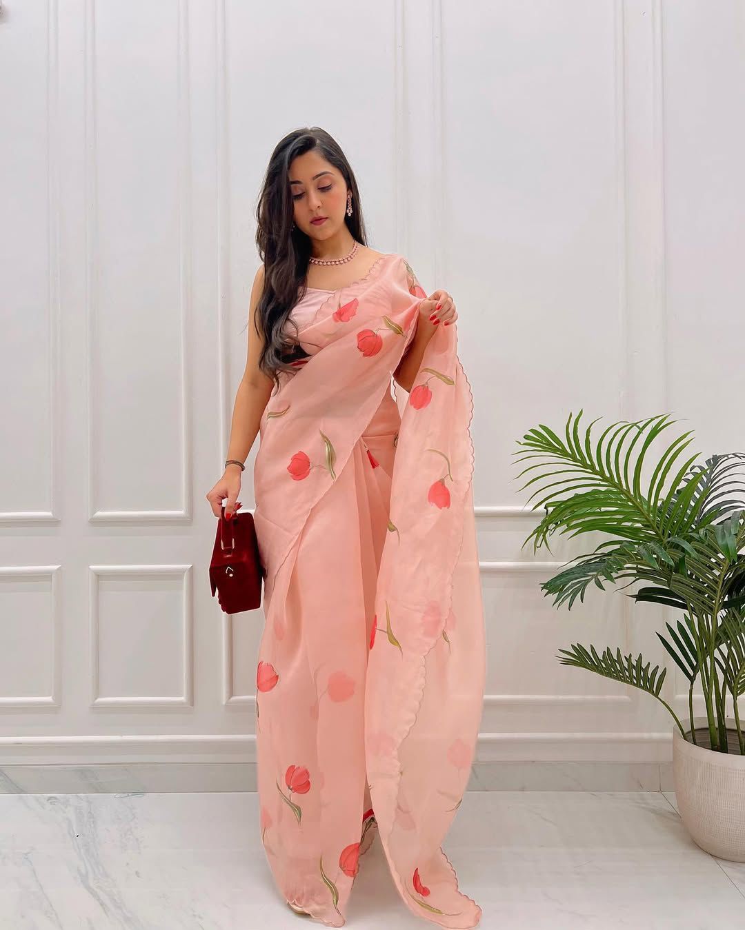 Peach Organza Saree With Red Floral Prints Ready To Wear Saree With Unstitched Blouse