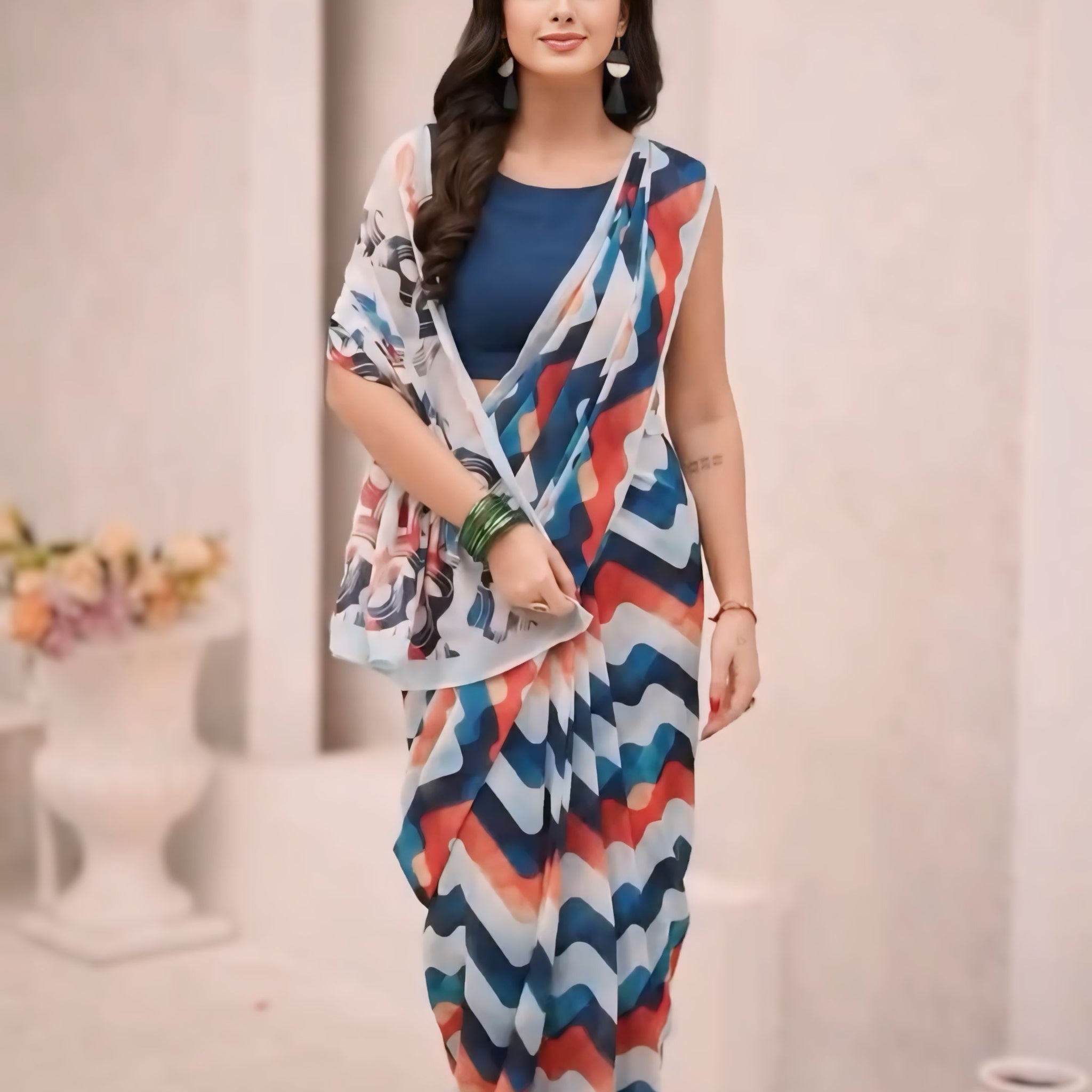 Multicolor Chevron Print In Shades Of Blue, Red, And White Georgette Ready To Wear Saree With Unstitched Blouse