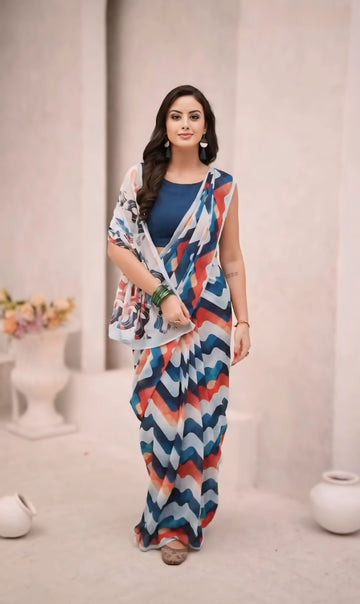 Multicolor Chevron Print In Shades Of Blue, Red, And White Georgette Ready To Wear Saree With Unstitched Blouse
