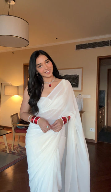 White Color,Plain Elegant Georgette Ready To Wear Saree With Unstitched Blouse