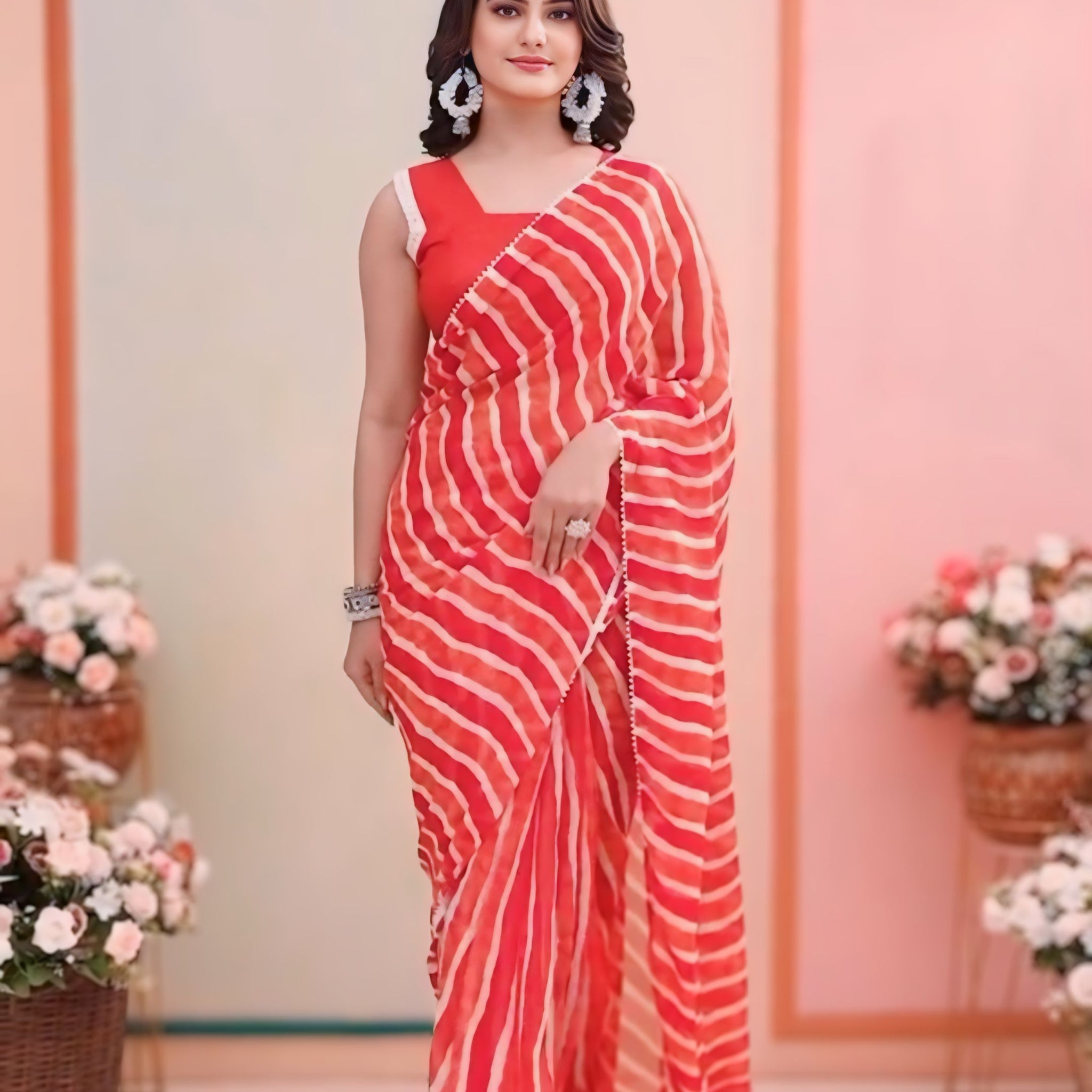 Red And White Wavy Stripes Georgette Ready To Wear Saree With Unstitched Blouse