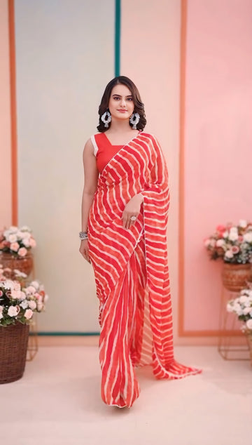 Red And White Wavy Stripes Georgette Ready To Wear Saree With Unstitched Blouse
