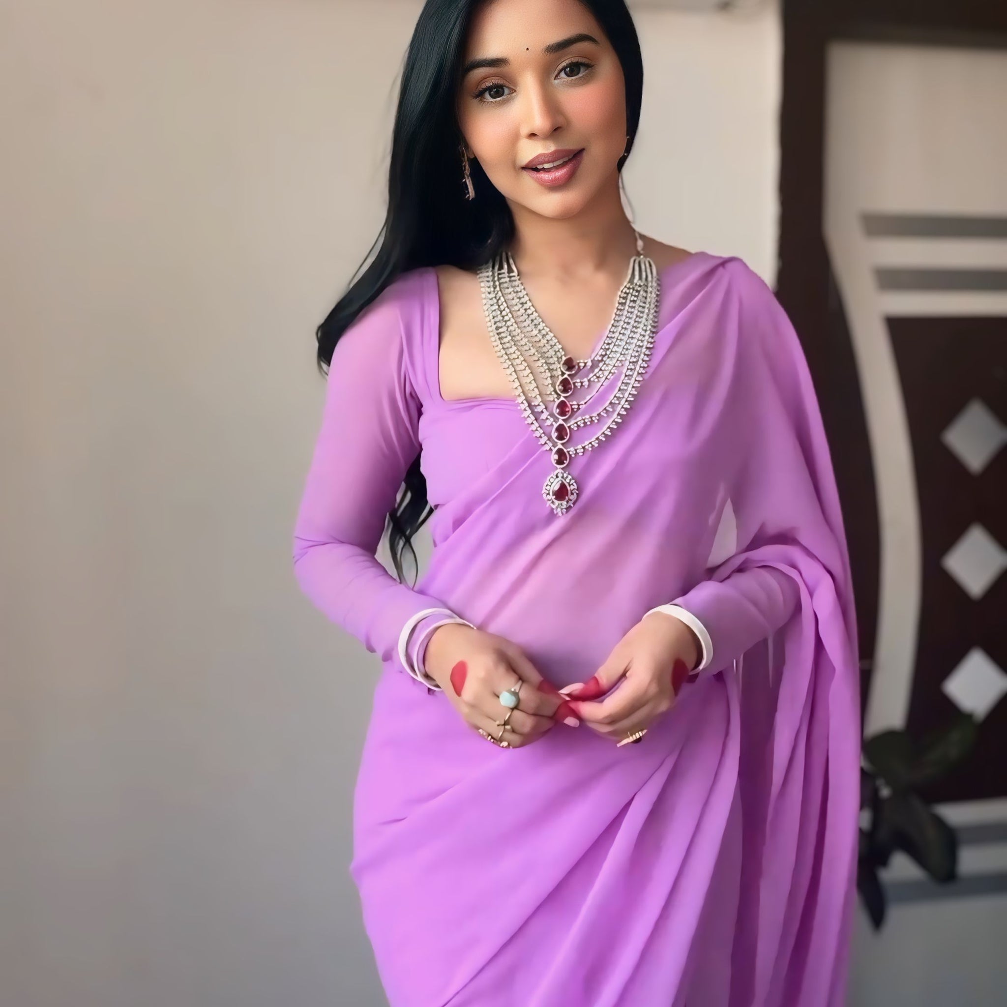 Lavender Color,Plain Elegant Georgette Ready To Wear Saree With Unstitched Blouse