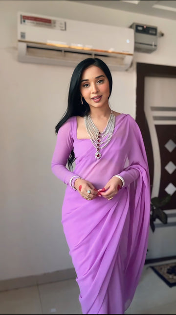 Lavender Color,Plain Elegant Georgette Ready To Wear Saree With Unstitched Blouse