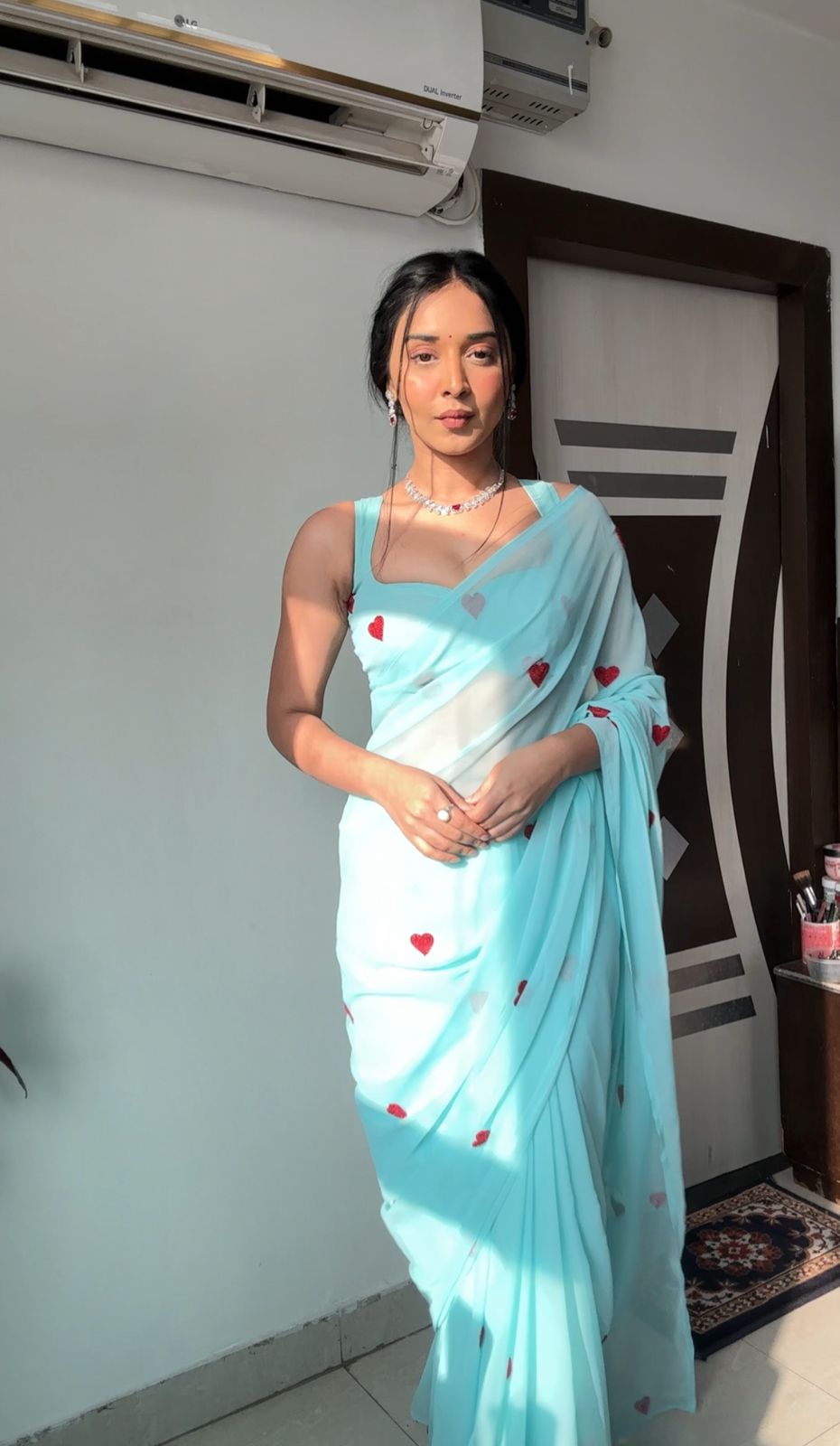 Pastel Blue Color Red And Silver Heart Motifs Georgette Ready To Wear Saree With Unstitched Blouse