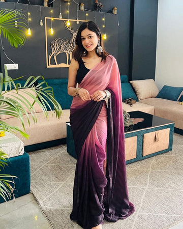 Pink And Purple Color Ombre Saree,Flowy Drape Georgette Ready To Wear Saree With Unstitched Blouse