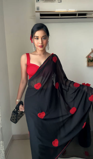 Black Ready To Wear Georgette Saree with Red Heart Embroidery Work with blouse