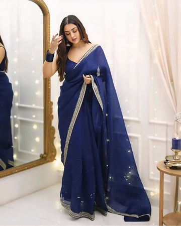 Organza Saree With Elegant Blue Stripes Ready To Wear Saree With Unstitched Blouse