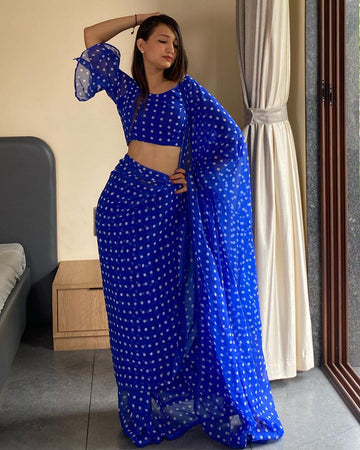 Royal Blue Georgette White Polka Dot Design Ready To Wear Saree With Unstitched Blouse