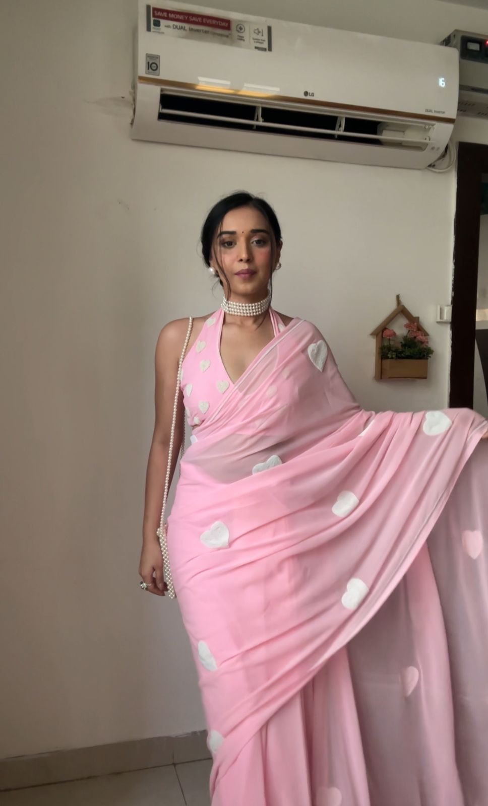 Soft Pink Georgette Saree With Cute White Heart Ready To Wear Saree With Unstitched Blouse