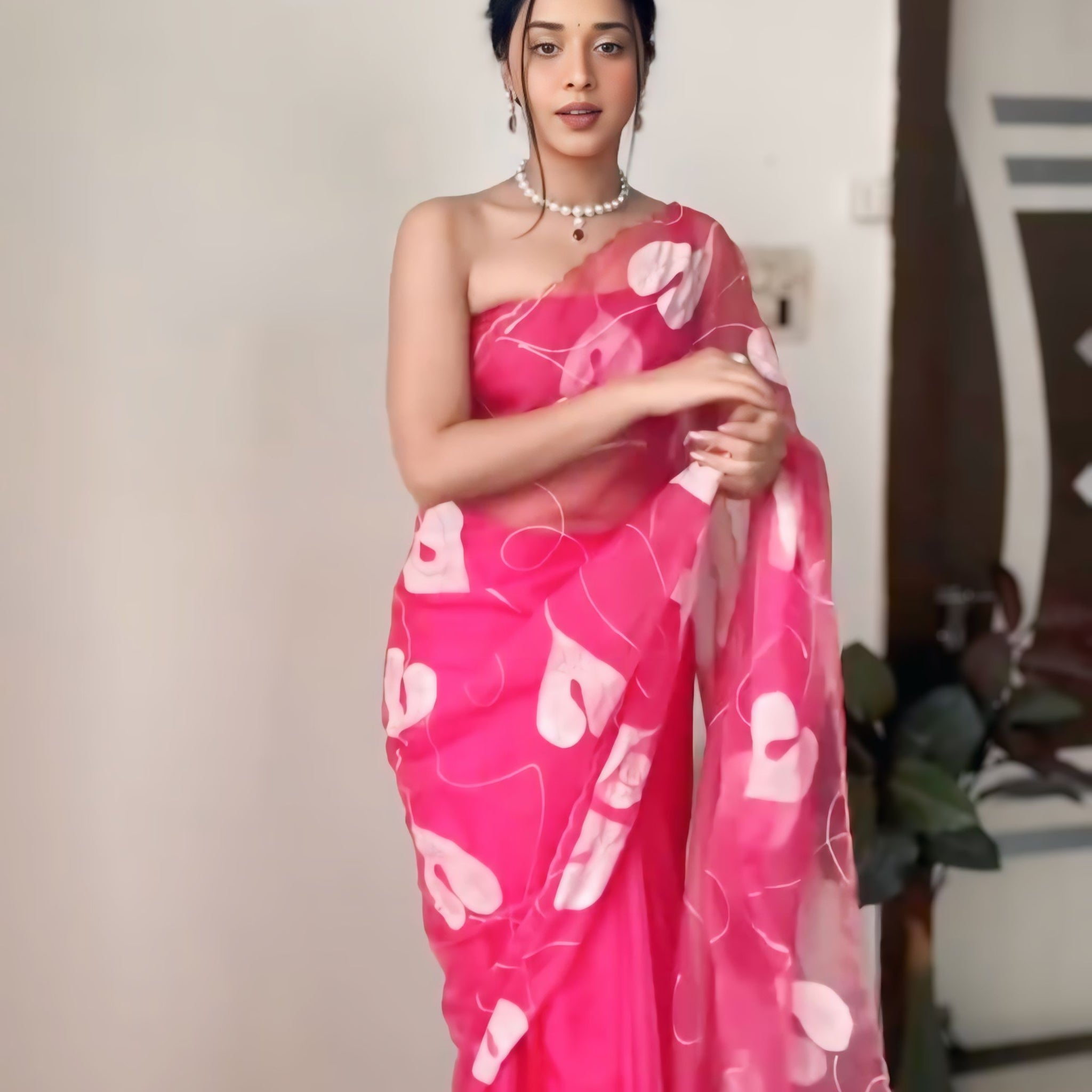 Pink White Abstract Floral Print Ready To Wear Saree With Designer Unstitched Blouse