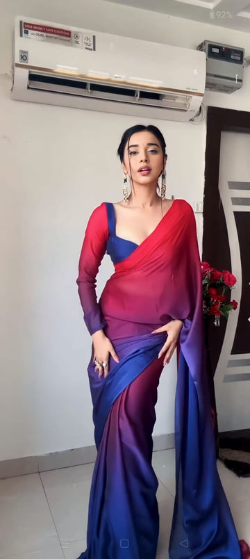 Red and Blue Ombre Ready to Wear Georgette Saree with Elegant Plain Finish with blouse