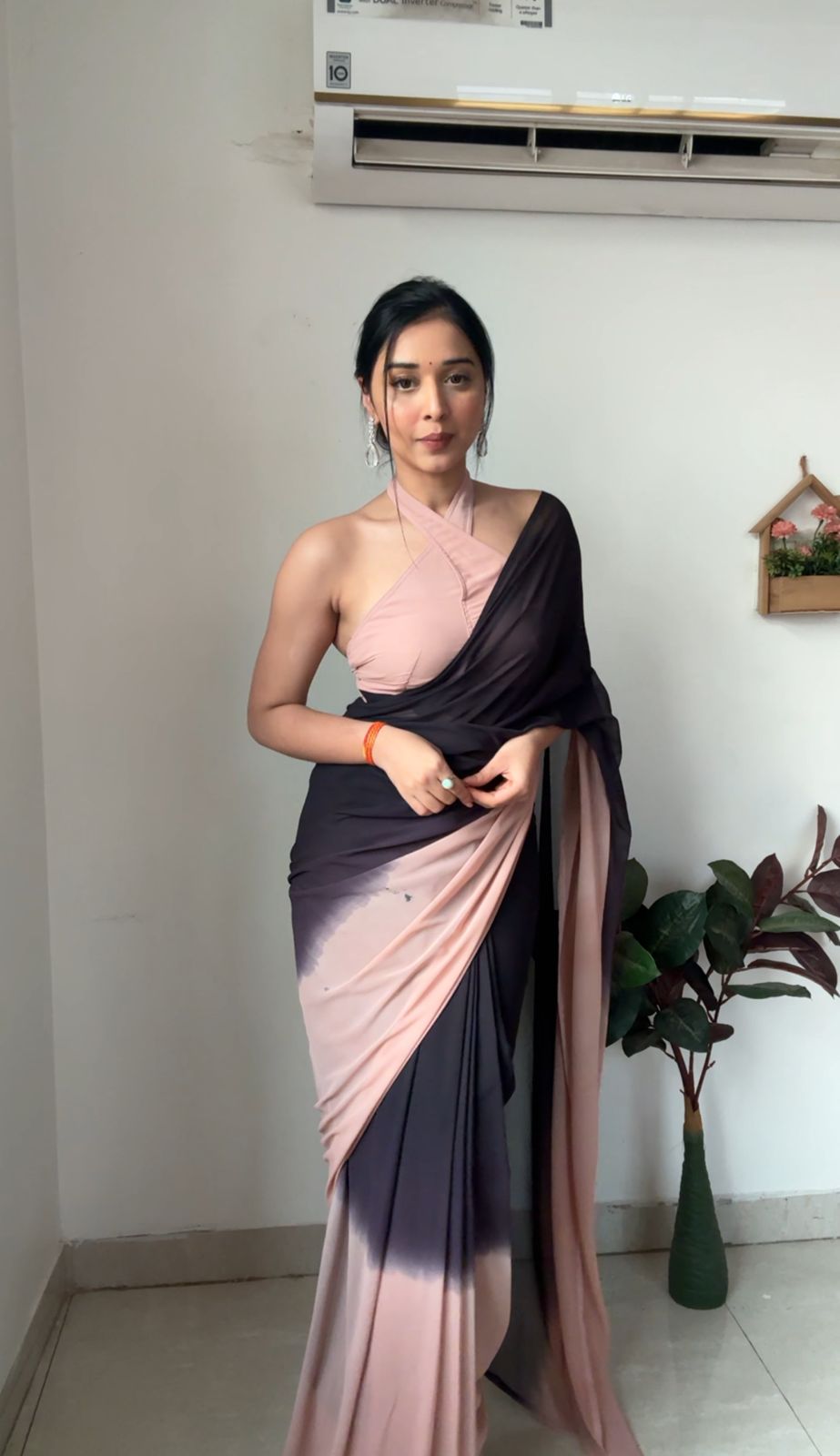 Peach And Black Omber paint Georgette Ready To Wear Saree With Unstitched Blouse
