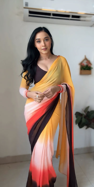 Yellow, Red, Peach, And Brown Shades Georgette ombre design Ready To Wear Saree With Unstitched Blouse