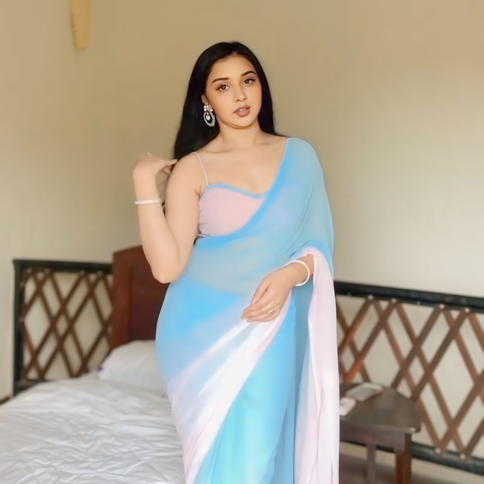 Pastel Blue And Pink Georgette Vibrant Pastel Blue And Pink Ready To Wear Saree With Designer Unstitched Blouse