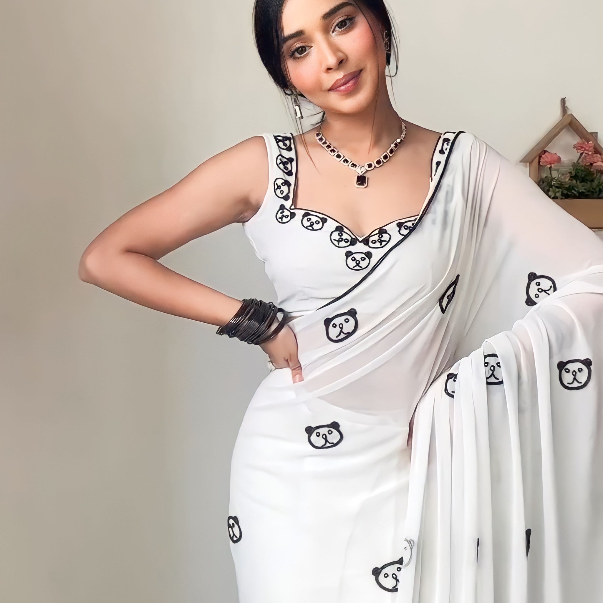 White Georgette Saree Cute Black Embroidered Bear Faces Ready To Wear Saree With Unstitched Blouse