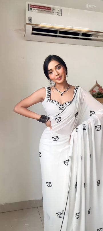 White Georgette Saree Cute Black Embroidered Bear Faces Ready To Wear Saree With Unstitched Blouse