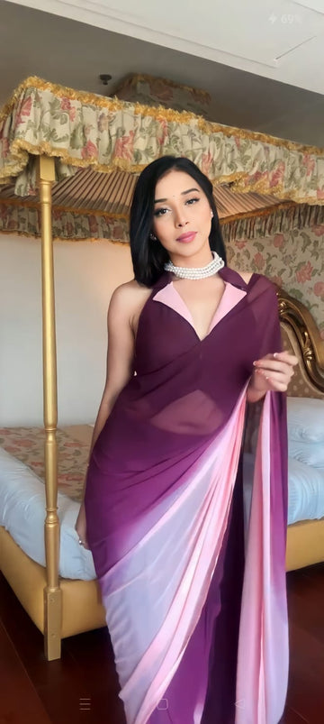 Wine, Mauve, And Blush Pink Ombre Shades Georgette Ready To Wear Saree With Unstitched Blouse