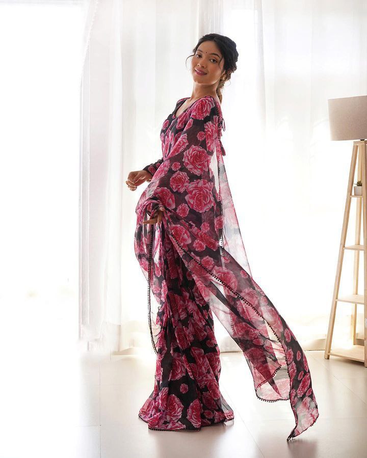 Black Base Color With Bold Pink Rose Floral Prints Georgette Ready To Wear Saree With Unstitched Blouse