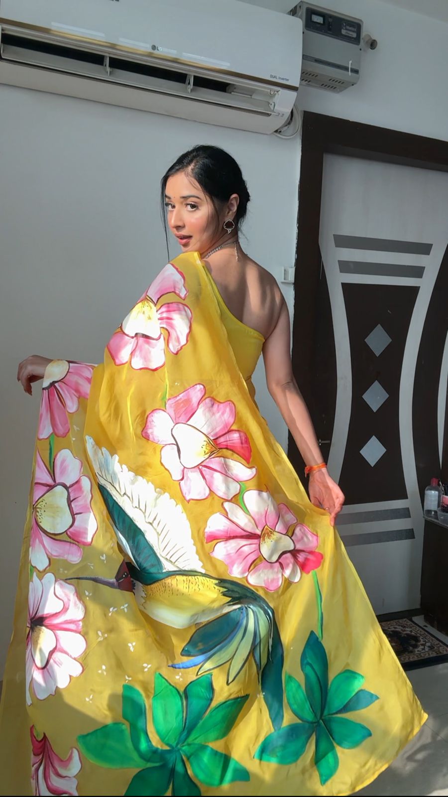 Bright Yellow Large Hand-painted Floral Motifs Georgette Ready To Wear Saree With Unstitched Blouse