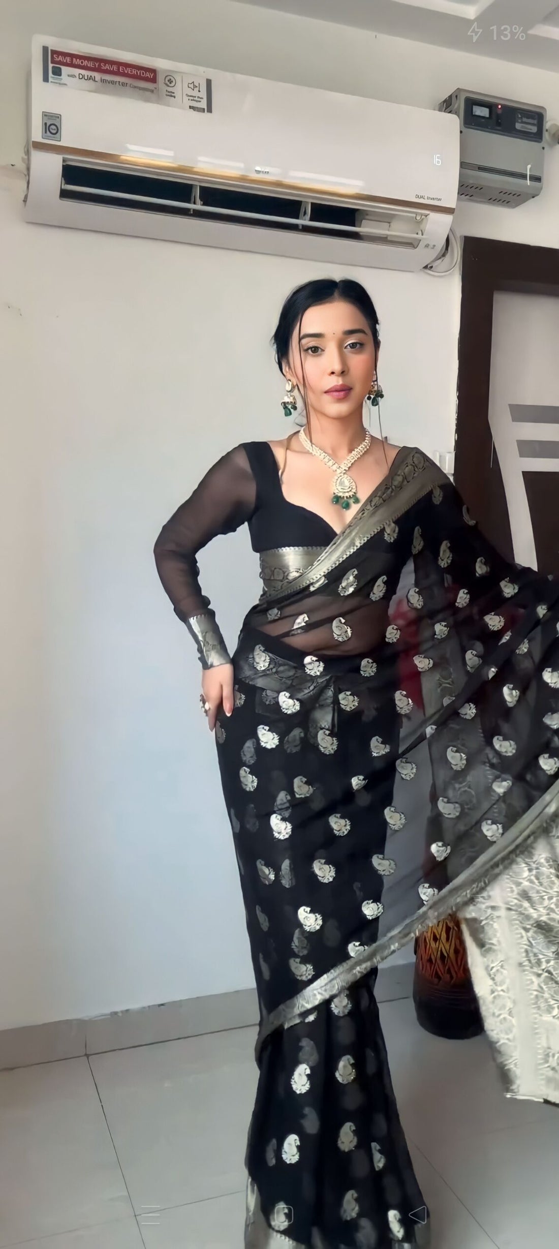 black cotton banarasi silver zari motifs saree Ready To Wear Saree With Unstitched Blouse