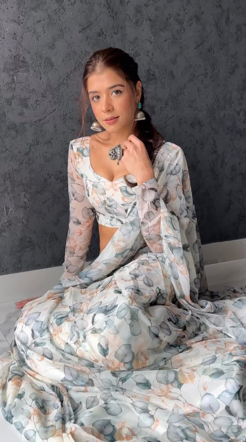 Blue, Grey, And Beige Omber Pattern Georgette Ready To Wear Saree With Unstitched Blouse