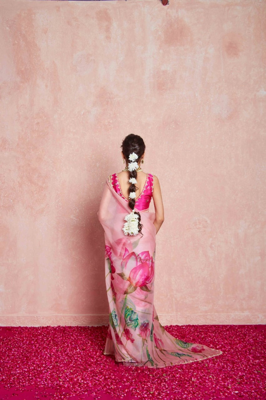 Blush Pink Color Organza Vibrant Lotus Floral Prints Ready To Wear Saree With Stitched Blouse