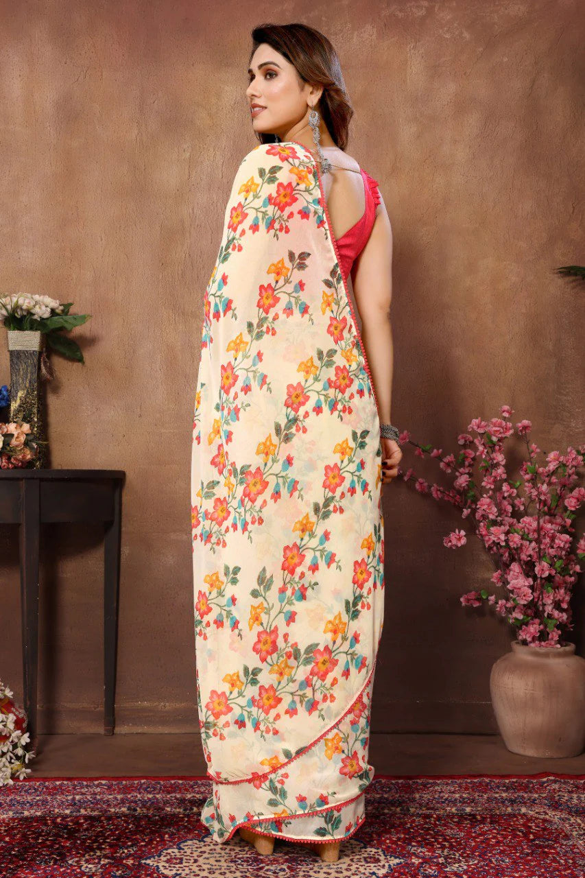 Cream Floral Print Georgette Ready To Wear Saree With Unstitched Blouse