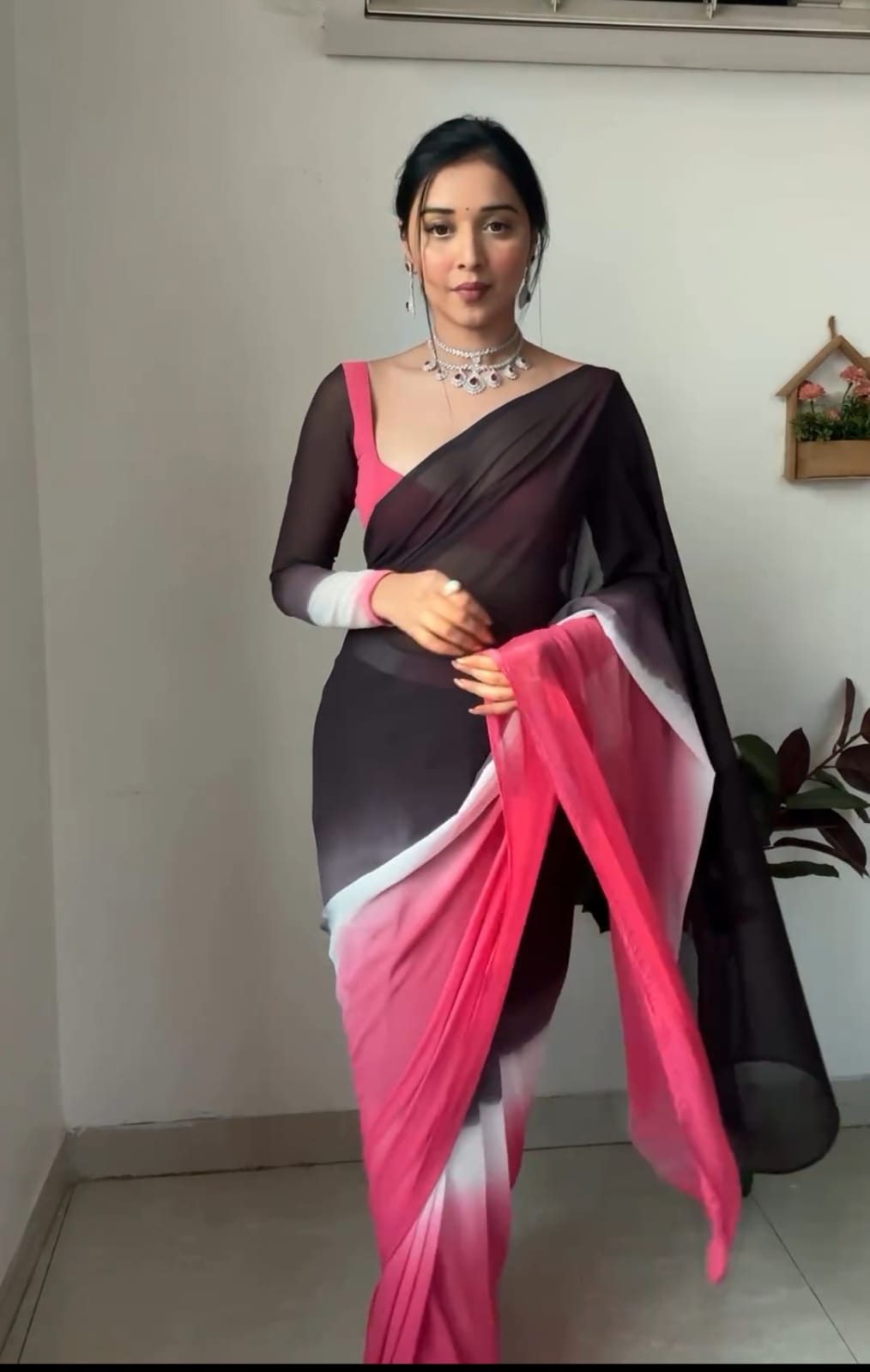 Black, Grey, White, And Pink Color Ombre Saree Georgette Ready To Wear Saree With Unstitched Blouse