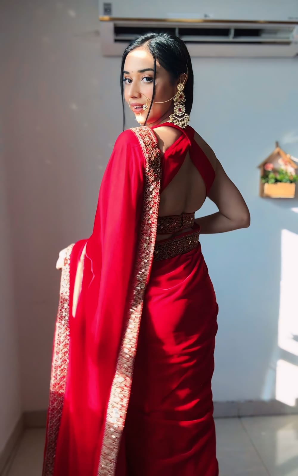 Red Color Golden Sequin Border Velvet Ready To Wear Saree With Unstitched Blouse