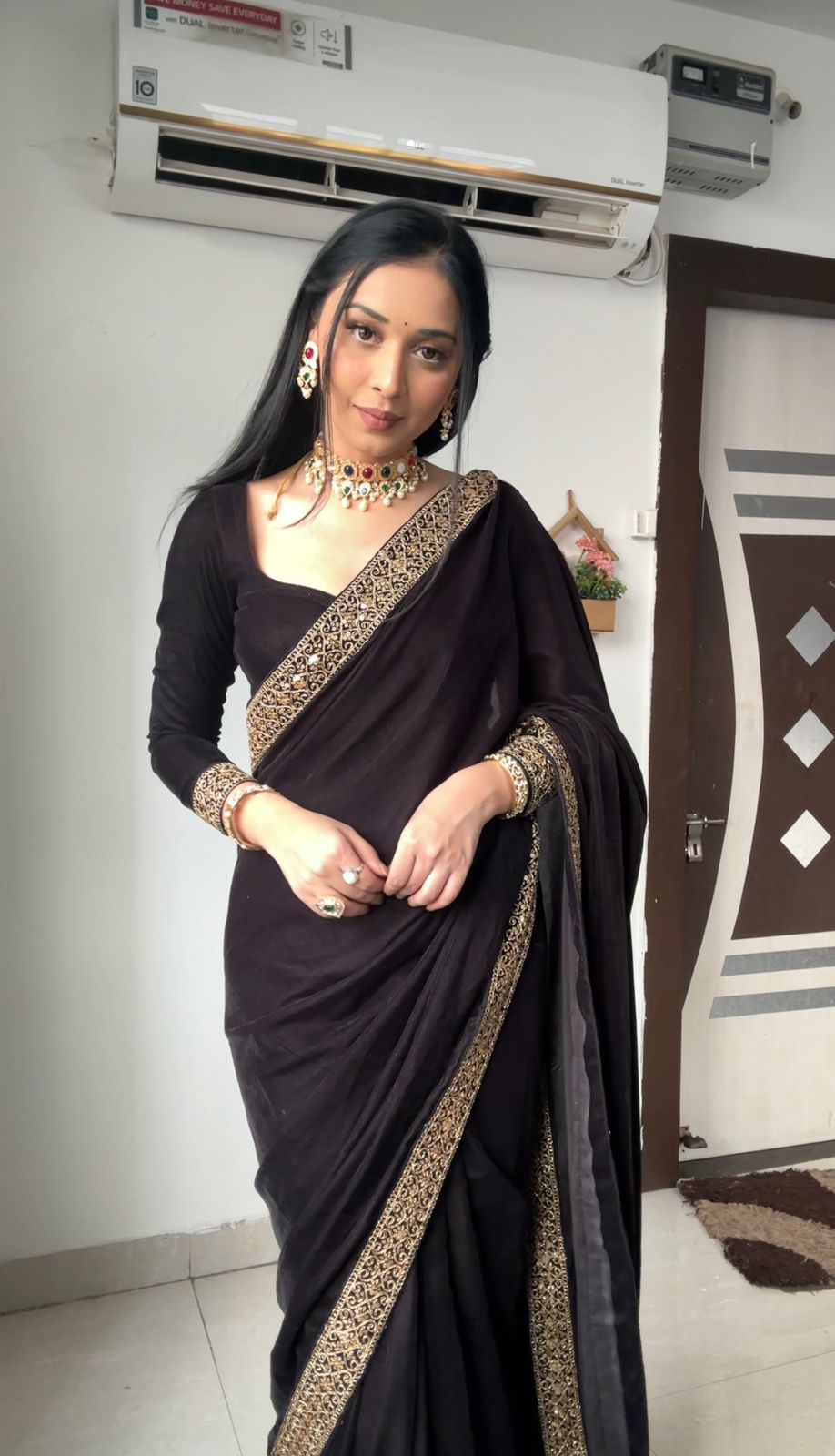 Black Color Golden Sequin Border Velvet Ready To Wear Saree With Unstitched Blouse