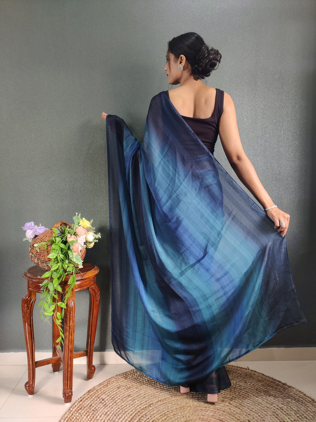 Deep Navy To Teal Shades Georgette Soft Ombre Pattern Ready To Wear Saree With Unstitched Blouse