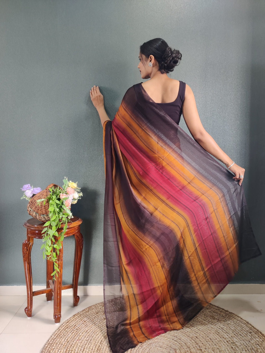 Burnt Orange, Deep Maroon Shades Georgette Soft Ombre Pattern Ready To Wear Saree With Unstitched Blouse