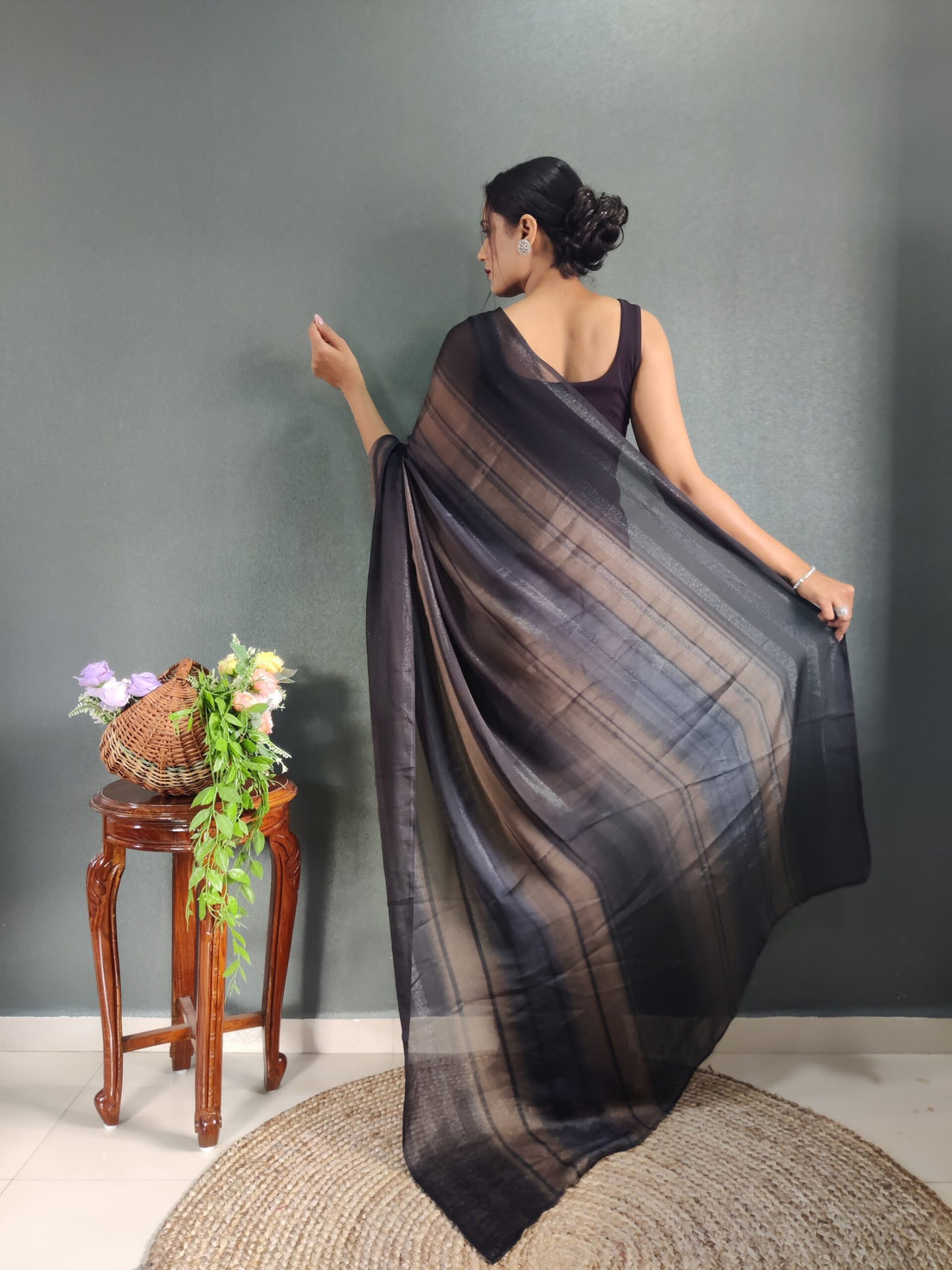 Charcoal Black And Ash Brown Shades Georgette Soft Ombre Pattern Ready To Wear Saree With Unstitched Blouse