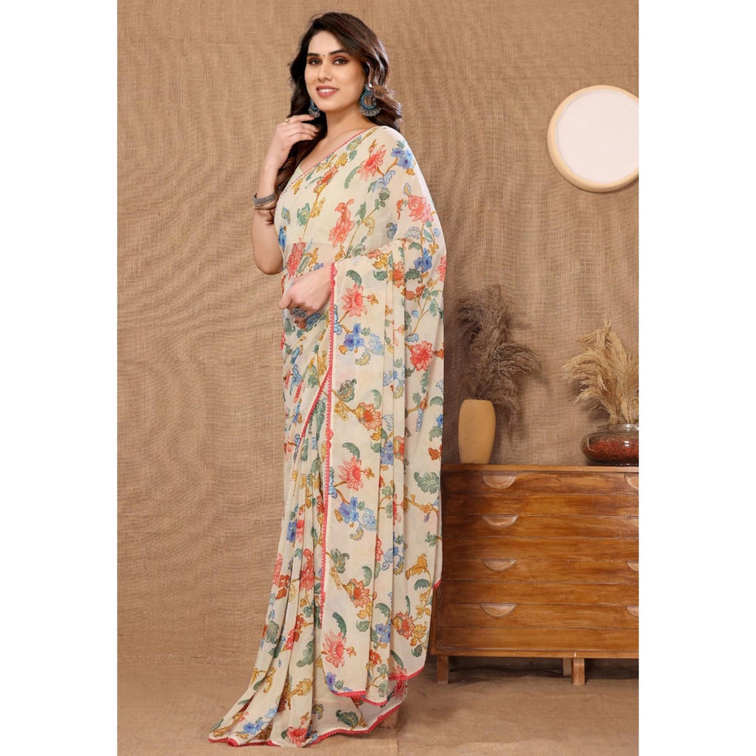 Cream Base Multicolor Floral Prints Georgette Ready To Wear Saree With Unstitched Blouse