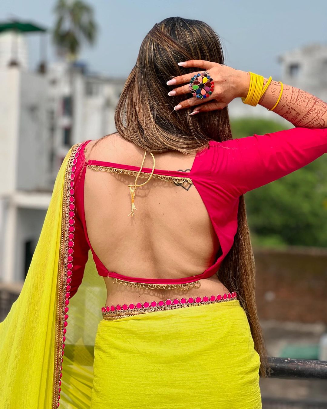 Lemon Yellow Cotton With Hot Pink Border And Tassels Ready To Wear Saree With Unstitched Blouse