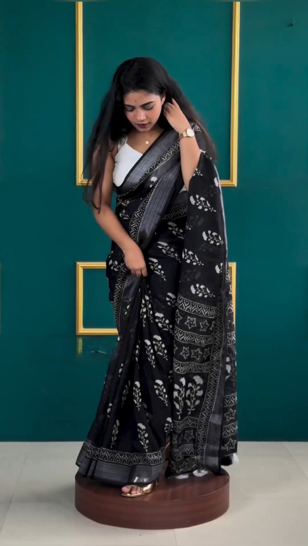 Black Color Soft Linen Handblock-inspired Geometric And Leaf Motifs Ready To Wear Saree With Unstitched Blouse