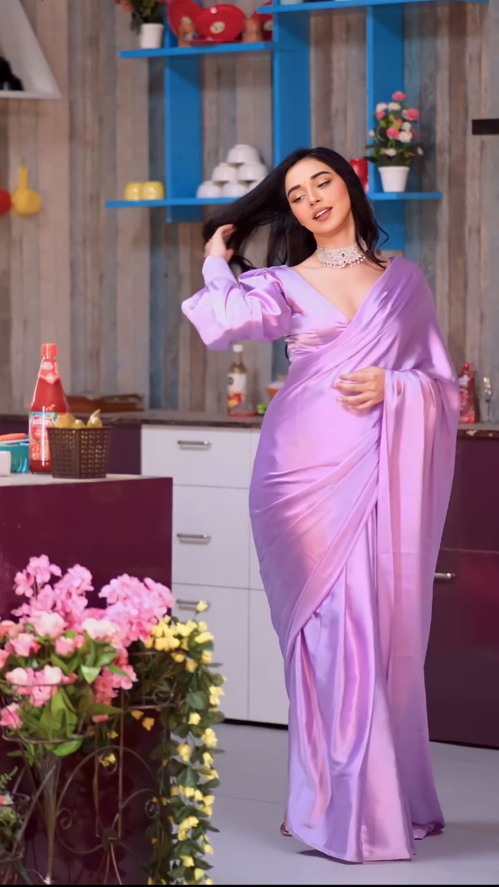 Satin Saree In Lavender And Pink Tones Ready To Wear Saree With Unstitched Blouse