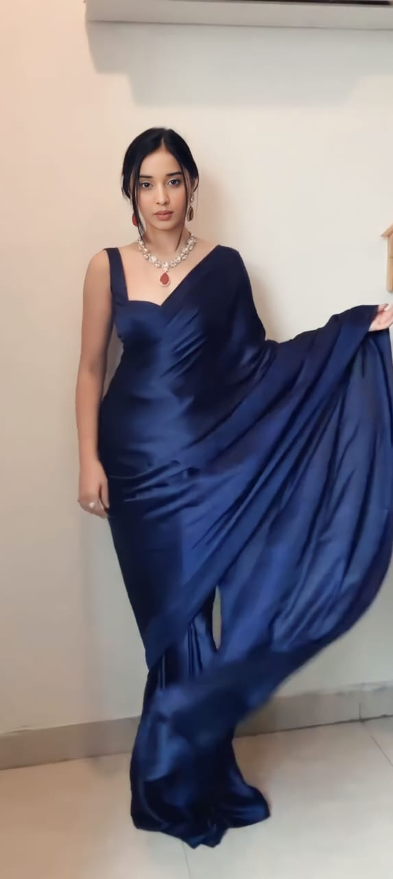 Navy Blue Satin Saree Ready To Wear Saree With Unstitched Blouse