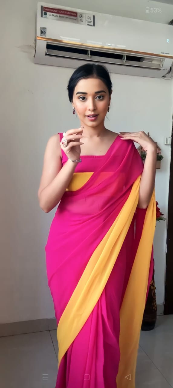 Bright Pink And Yellow Ombre Shades Georgette Ready To Wear Saree With Unstitched Blouse