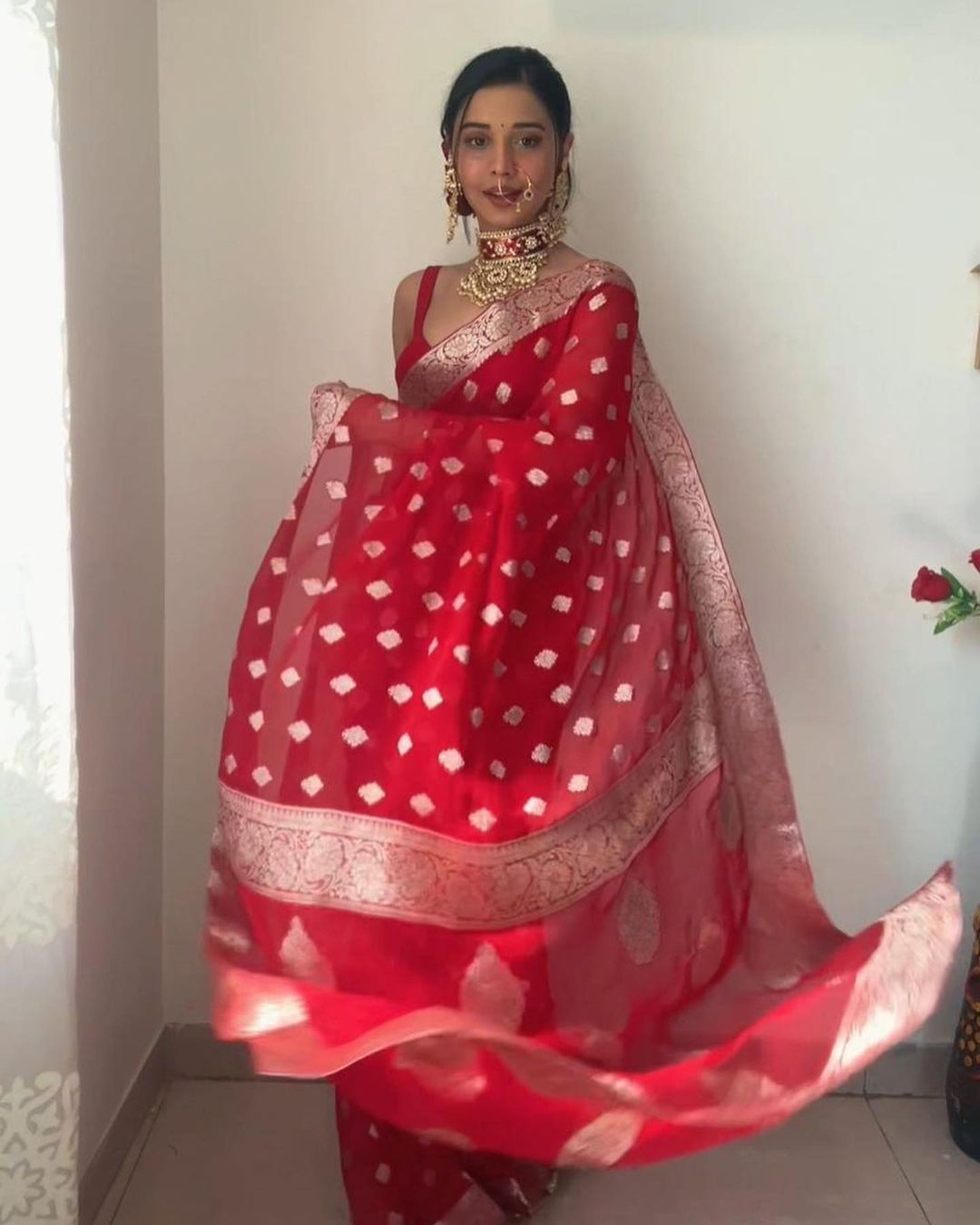 Red banarasi Golden Zari Motifs And Intricate Border Work Ready To Wear Saree With Unstitched Blouse