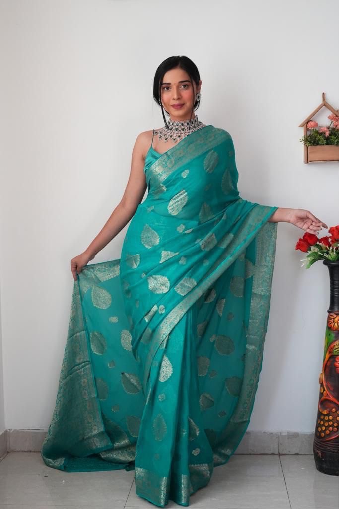 Teal Green Shade Color Banarasi Silk Silver Zari Weaving And Traditional Motifs Ready To Wear Saree With Unstitched Blouse