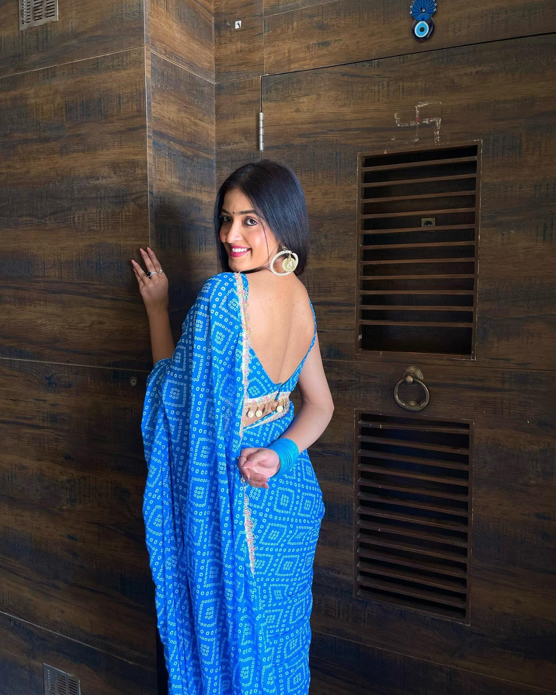 Blue Georgette Bandhani-style Geometric Print Ready To Wear Saree With Unstitched Blouse