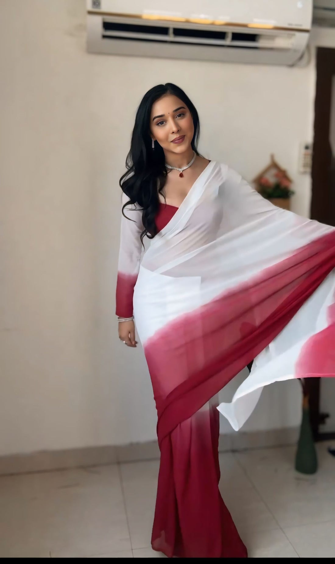 Deep Red And White Georgette ombre design Ready To Wear Saree With Unstitched Blouse