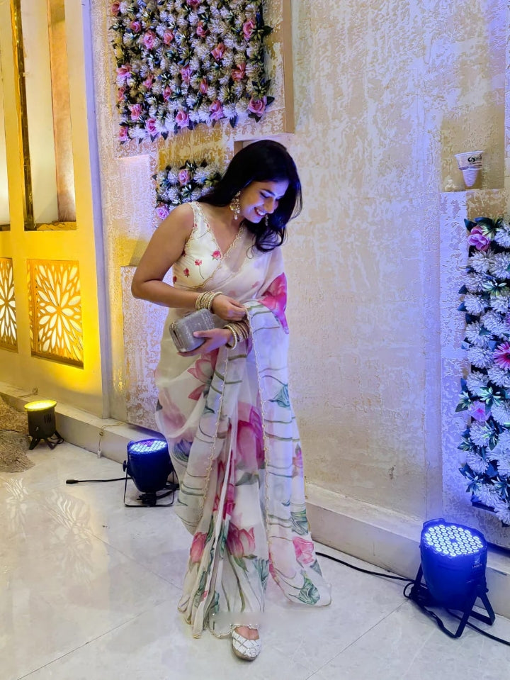 White Color Organza Pink Lotus Floral Prints Ready To Wear Saree With Stitched Blouse